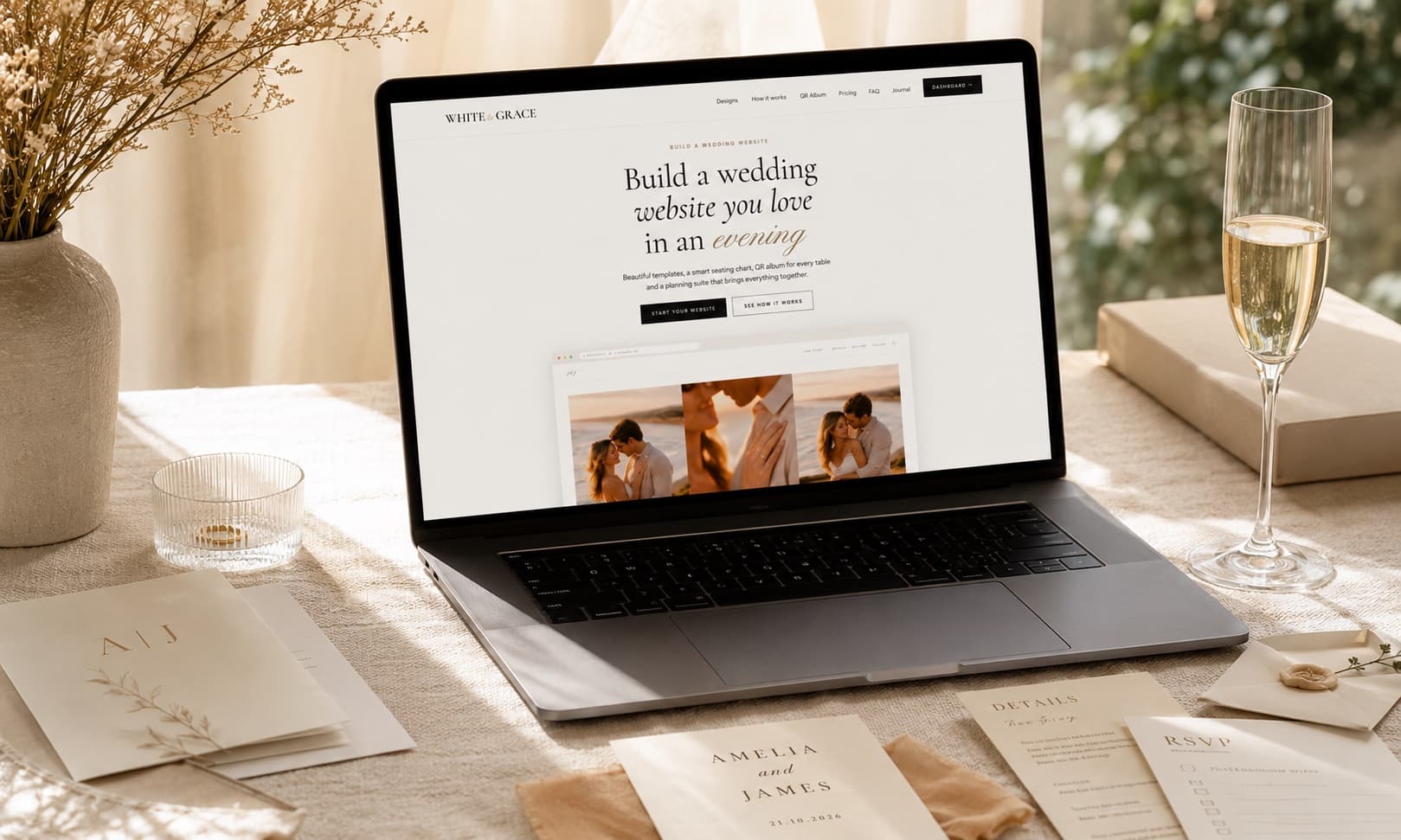 White & Grace homepage on a laptop, surrounded by wedding invitations and stationery